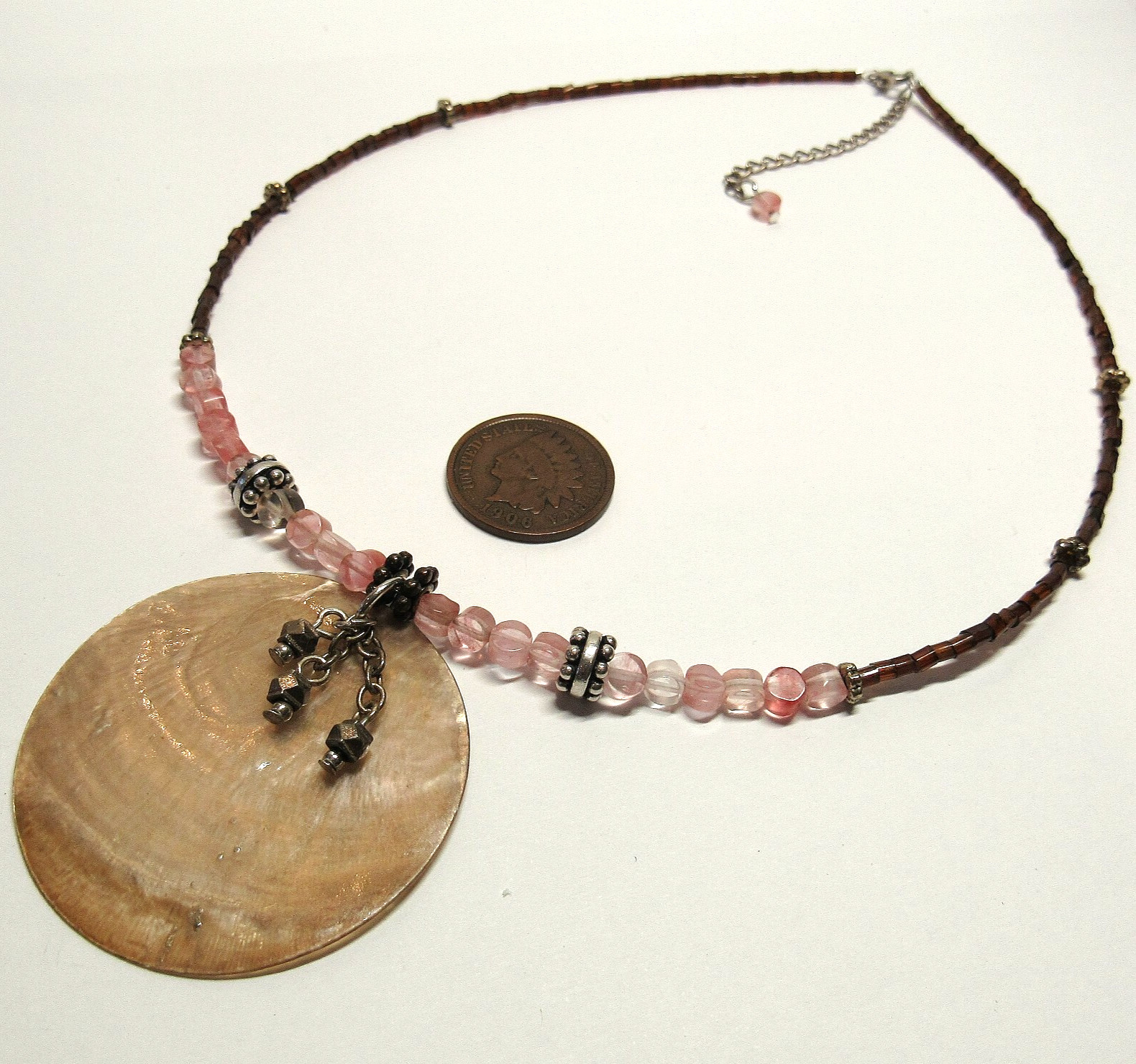 Sterling 925 Silver Adjustable Length Stone Shell Pink Tribal Beach Necklace
