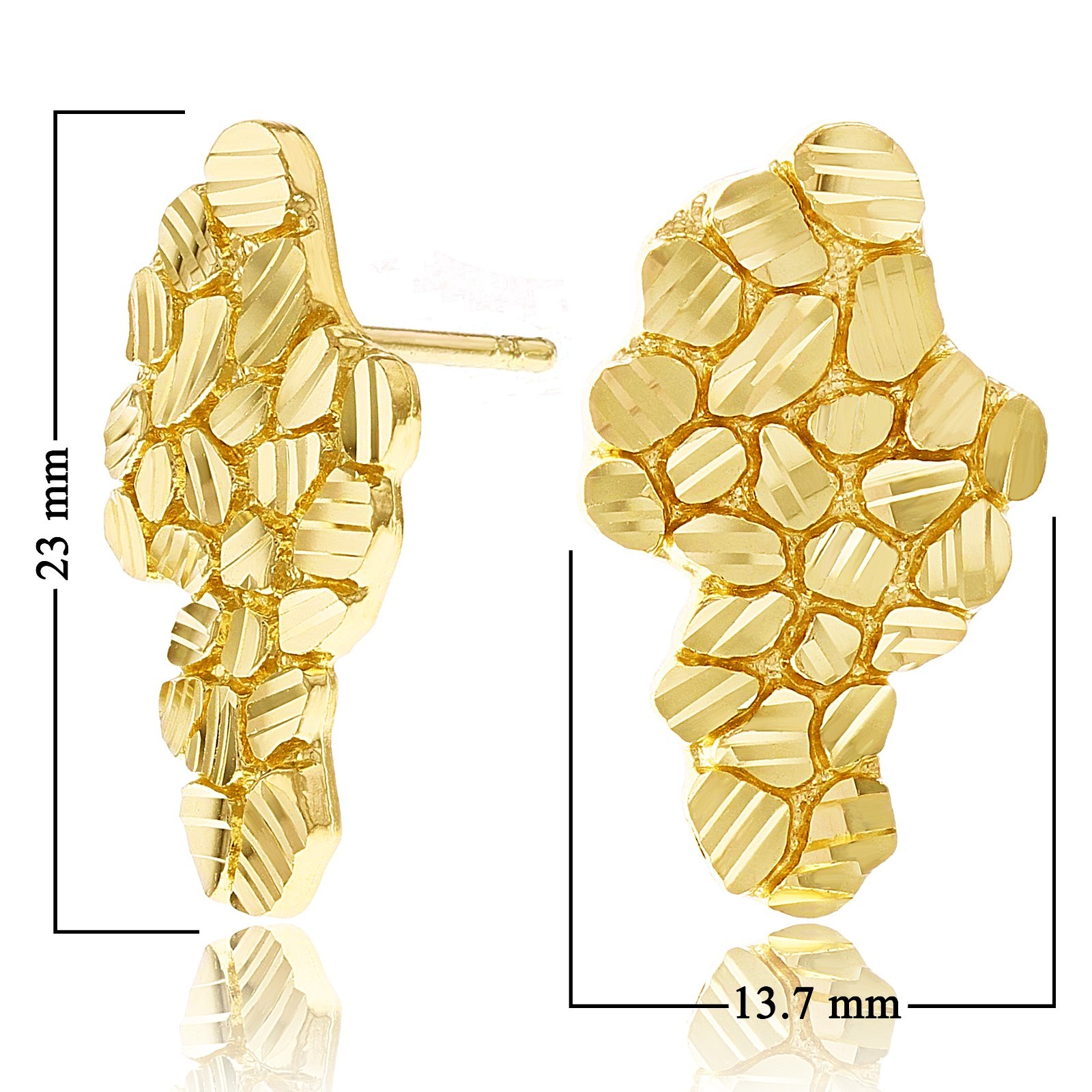 10k Yellow Gold Diamond Cut Nugget Free Form Earrings 23mm x 13.7mm 3.6 grams