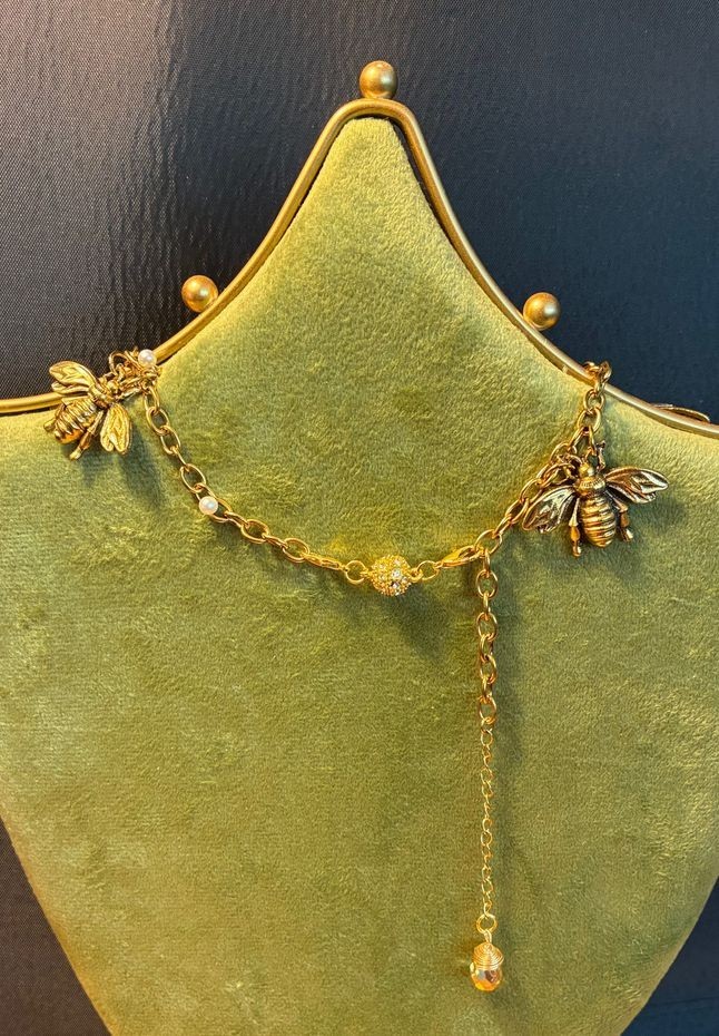 Vintage Bee Statement Necklace – Rhinestone Bee Charm Necklace Adjusts Handcraft