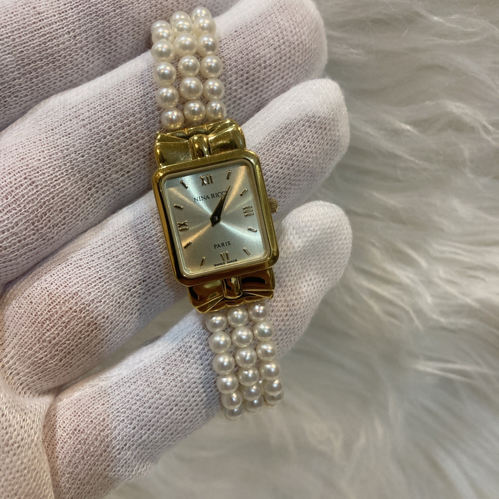 Nina Ricci Ladies Pearl Bracelet Watch Akoya S950 Quartz Battery Replaced 16cm