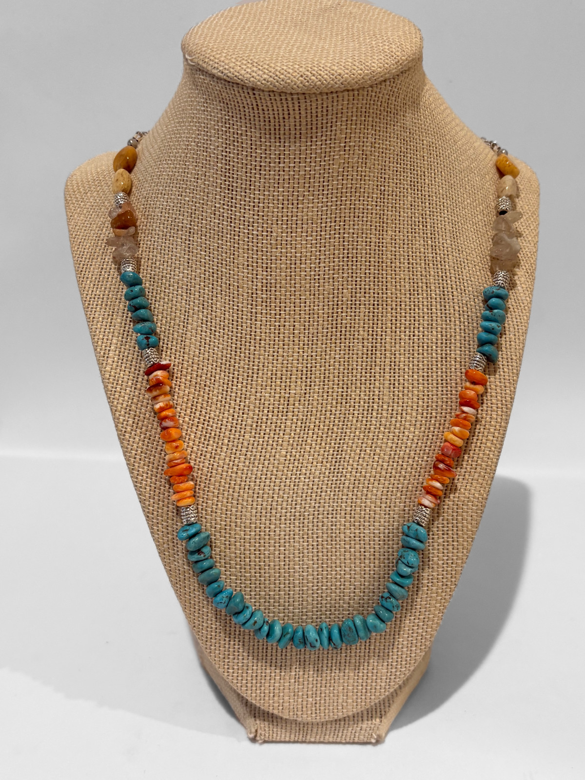 Kingman Turquoise and Spiny Oyster Necklace Handmade 24″ adjustable