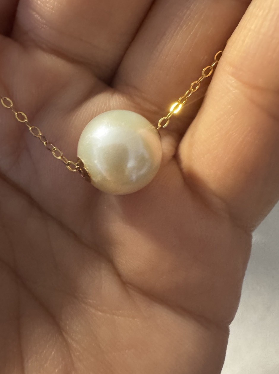 white freshwater pearl round 10.8mm lulutong 18k gold Pendant 925 Necklace NIB