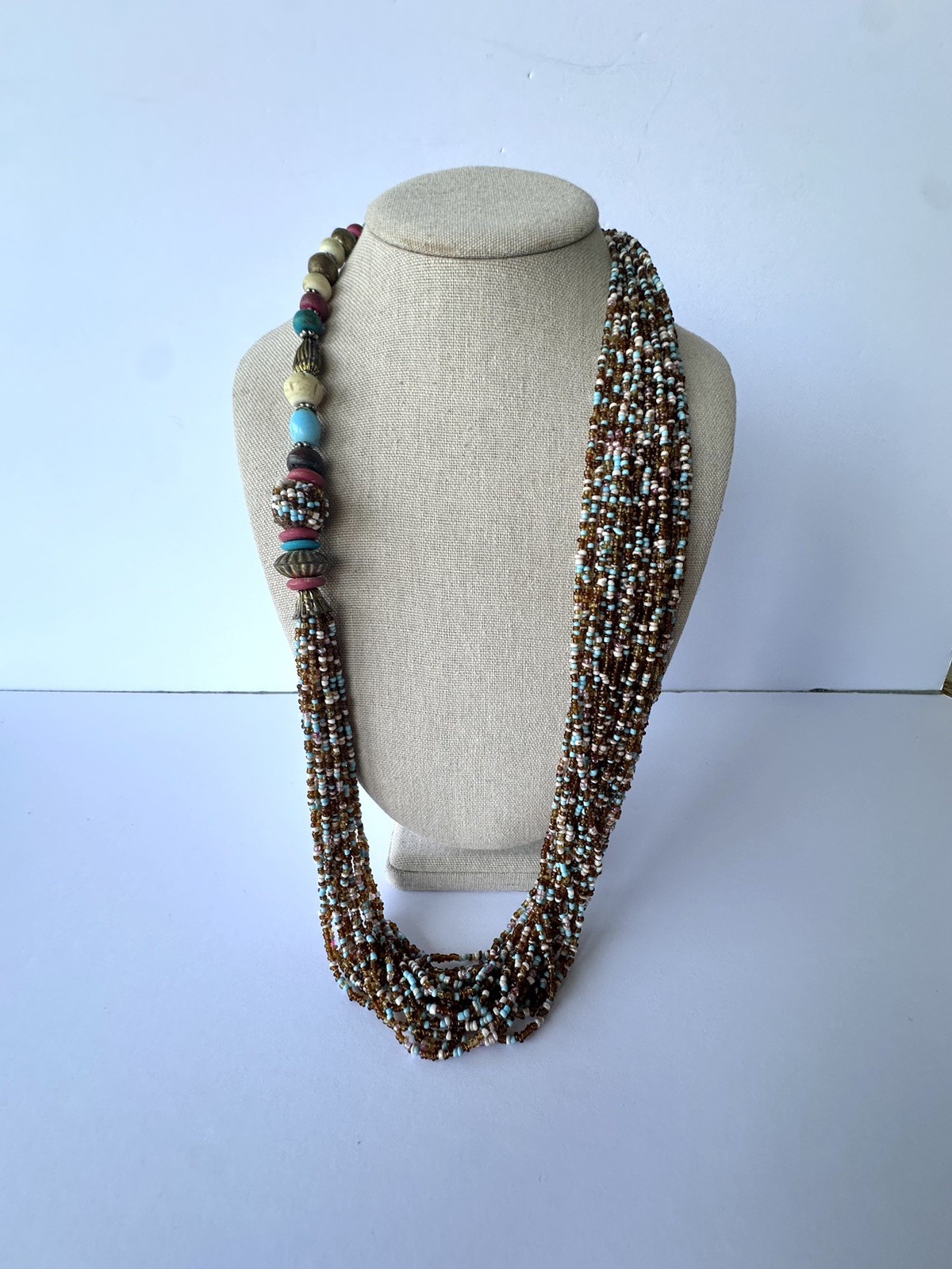 Multicolor Brown Orange Blue MultiStrand Glass Seed And Wood Bead Necklace 30”