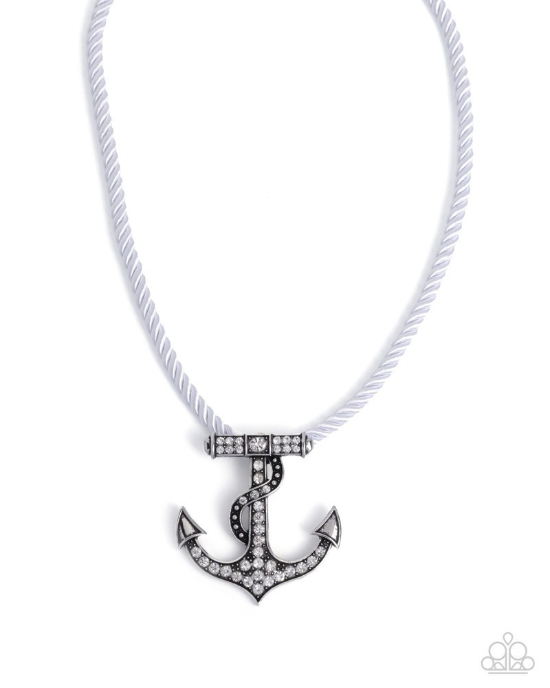 Paparazzi Anchored Allure – White- Anchor , White Rhinestones -Cord Necklace