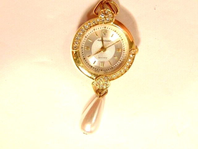 pre-owned Ashley Cooper watch pendant; pearl & crystal accents (needs battery)