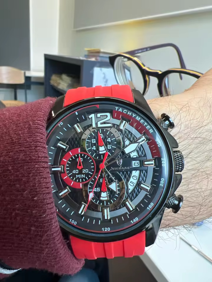 Poedagar Men’s Luxury Chronograph Watch Red Silicone Sport Quartz Tachymeter