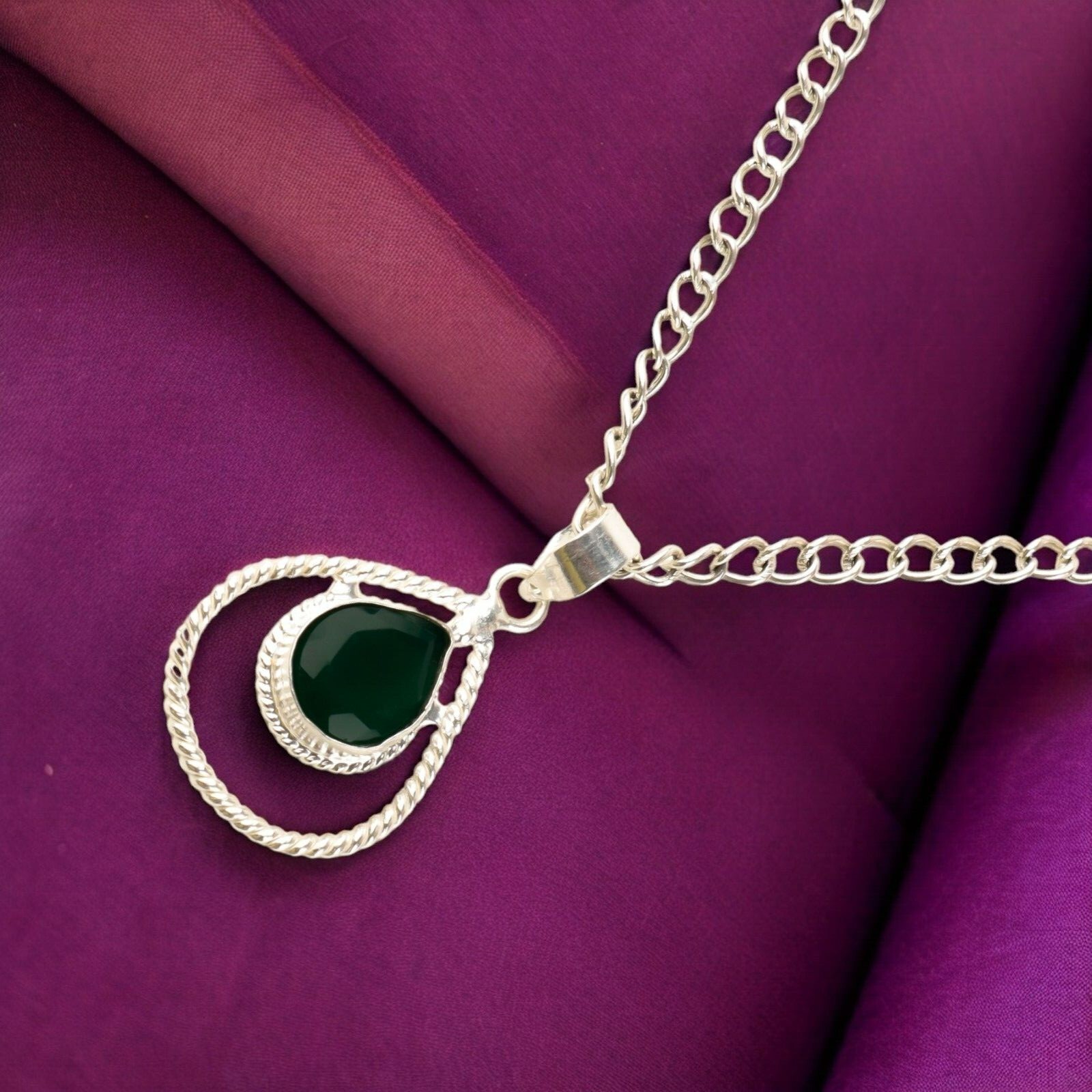 Gift For Her Green Onyx 925 Sterling Silver Dainty Gemstone Handmade Pendant.