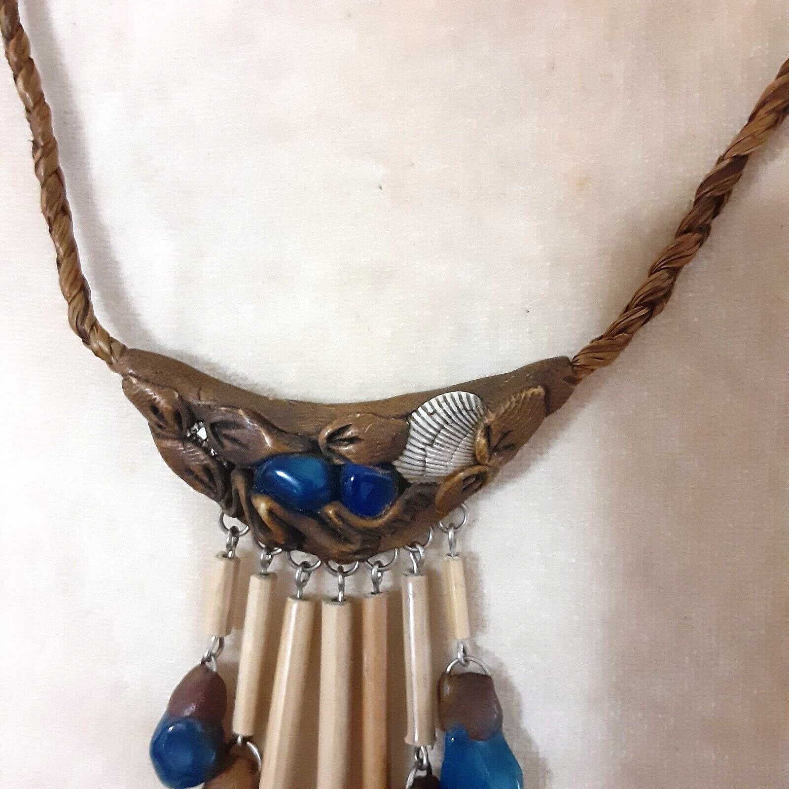 Artisan crafted ethnic wearable art necklace leather wood bone shells stones 20″