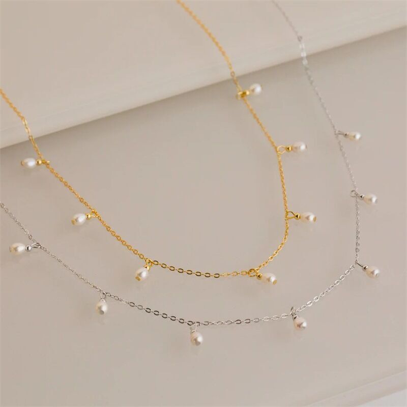Women 14K Gold Plated Stainless Steel Pearl Tassel Pendant Chain Necklace
