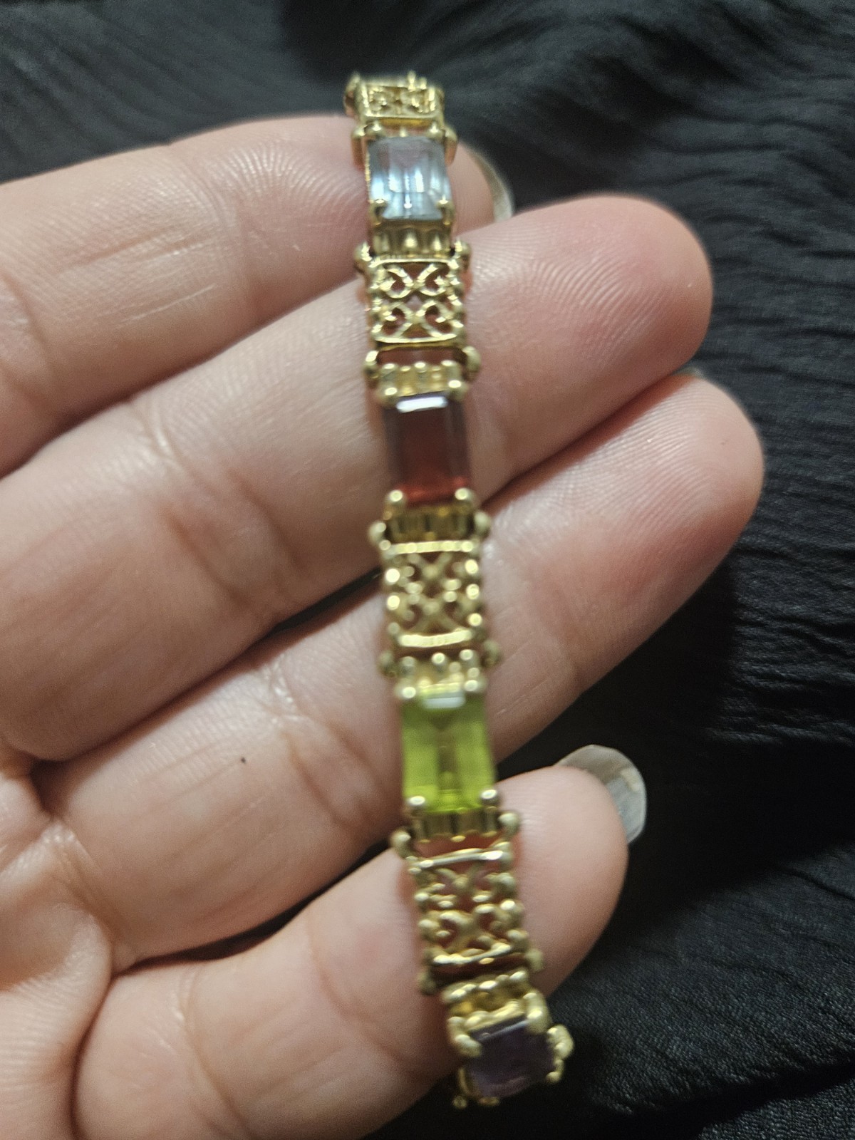 Gold Tone Link Bracelet, Multicolor Rectangular Stones, Fold Over Closure
