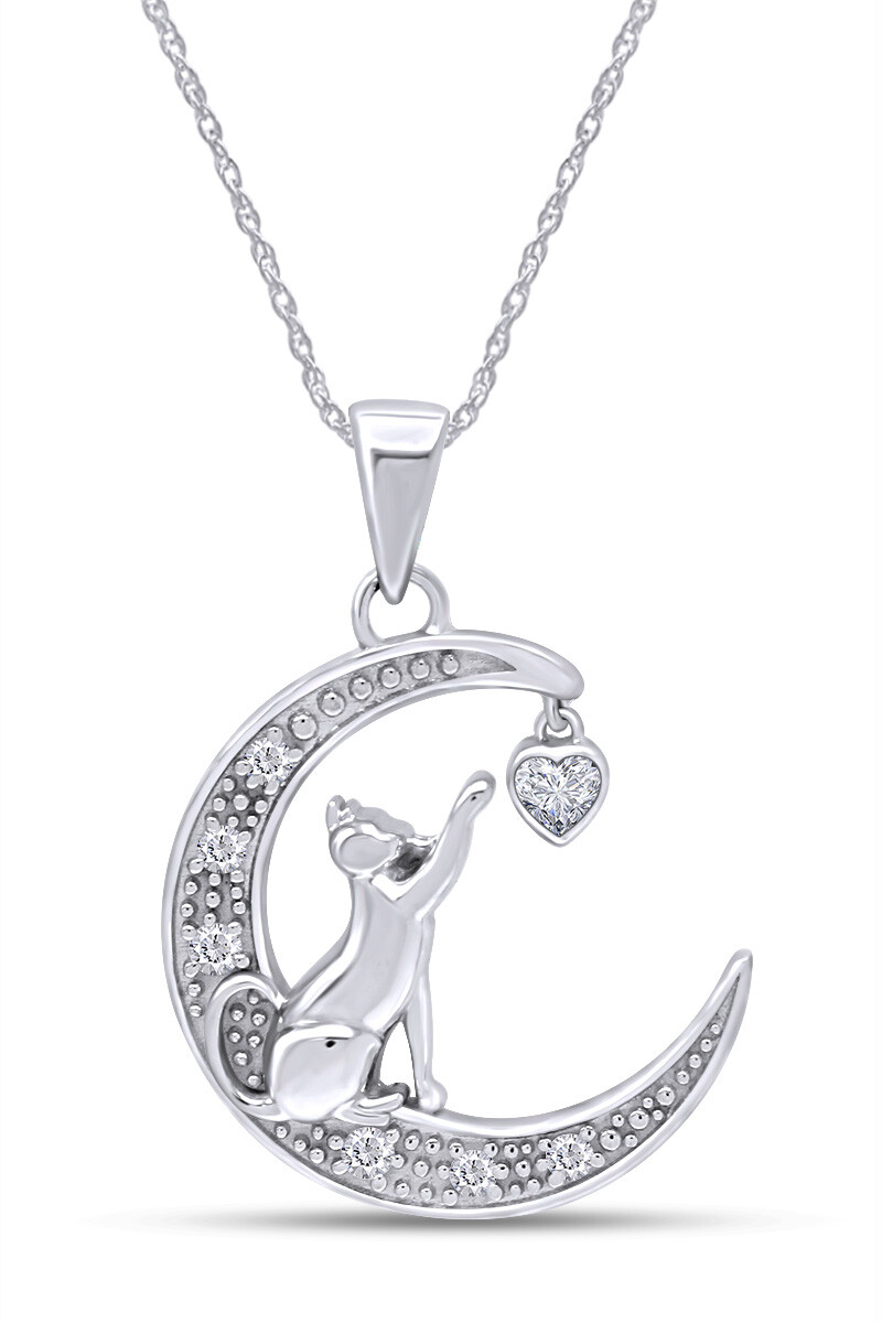 Moon Cat Pendant Necklace 18″ Simulated Diamond 14K White Gold Plated Silver