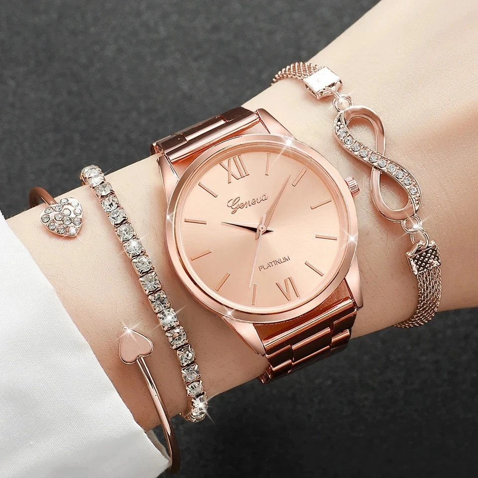 4PCS/Set Fashion Rhinestone Women Watches Luxury Steel Band Ladies Quartz Watch