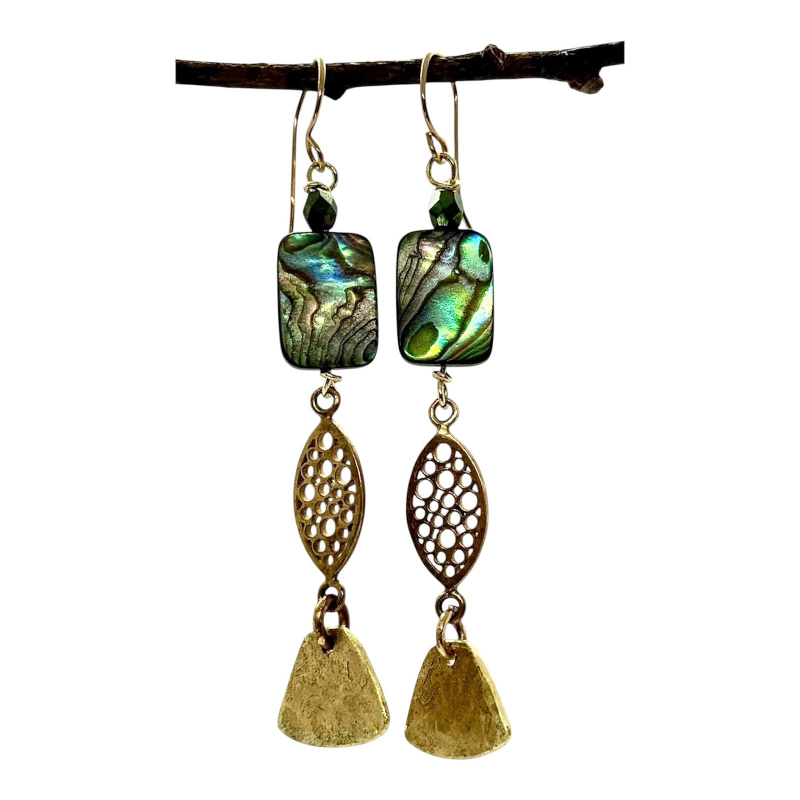 Hand-cut Sculpted Hammered Brass Abalone Czech Glass 14k Gold-filled Metal.