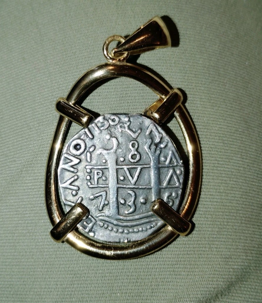Museum Quality Atocha Replica Coin In Gold Over 925 Silver Pendant
