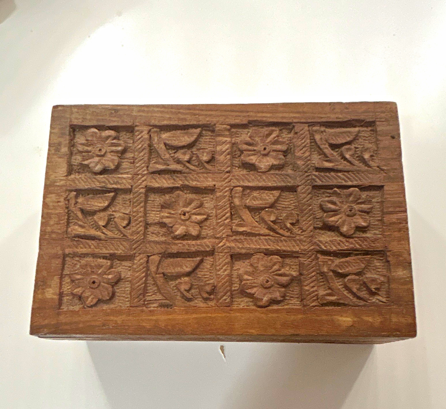 Carved Wooden Jewelry Box, Blue Lined Interior, Floral Rectangle, 2 Compartments