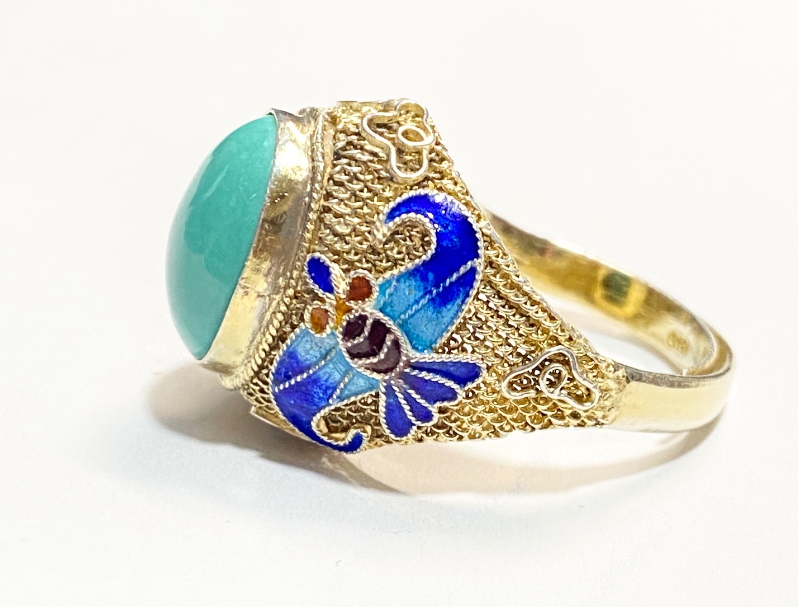 Vintage Chinese Export Silver Vermeil Turquoise & Enamel Adjustable Sized Ring