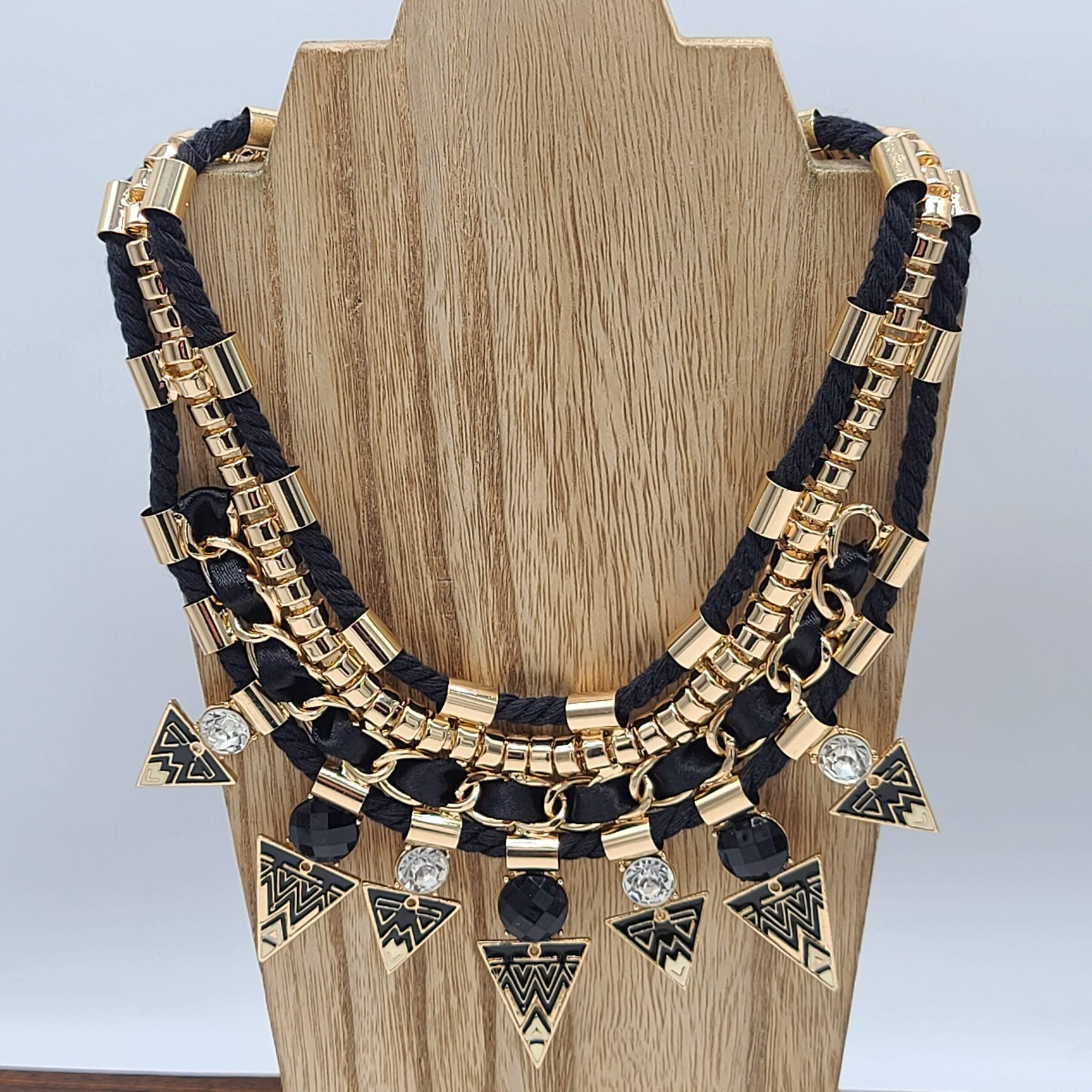 7 Charming Sisters “No Negotiations” Black & Gold Ribbon, Rope, Crystal Necklace