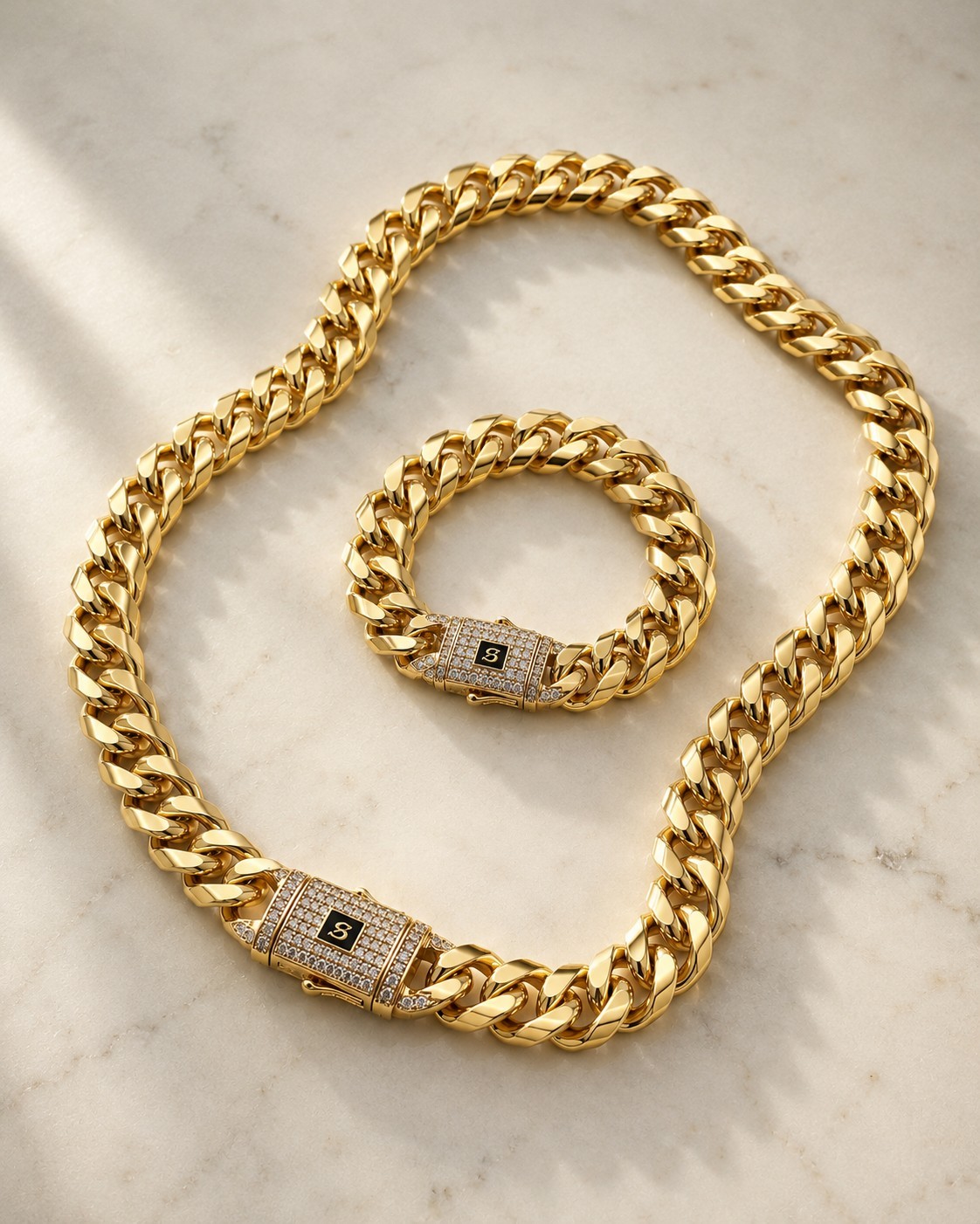 Women Men 14K Gold Plated Cz Cuban Choker Chain Necklace And Bracelet Set