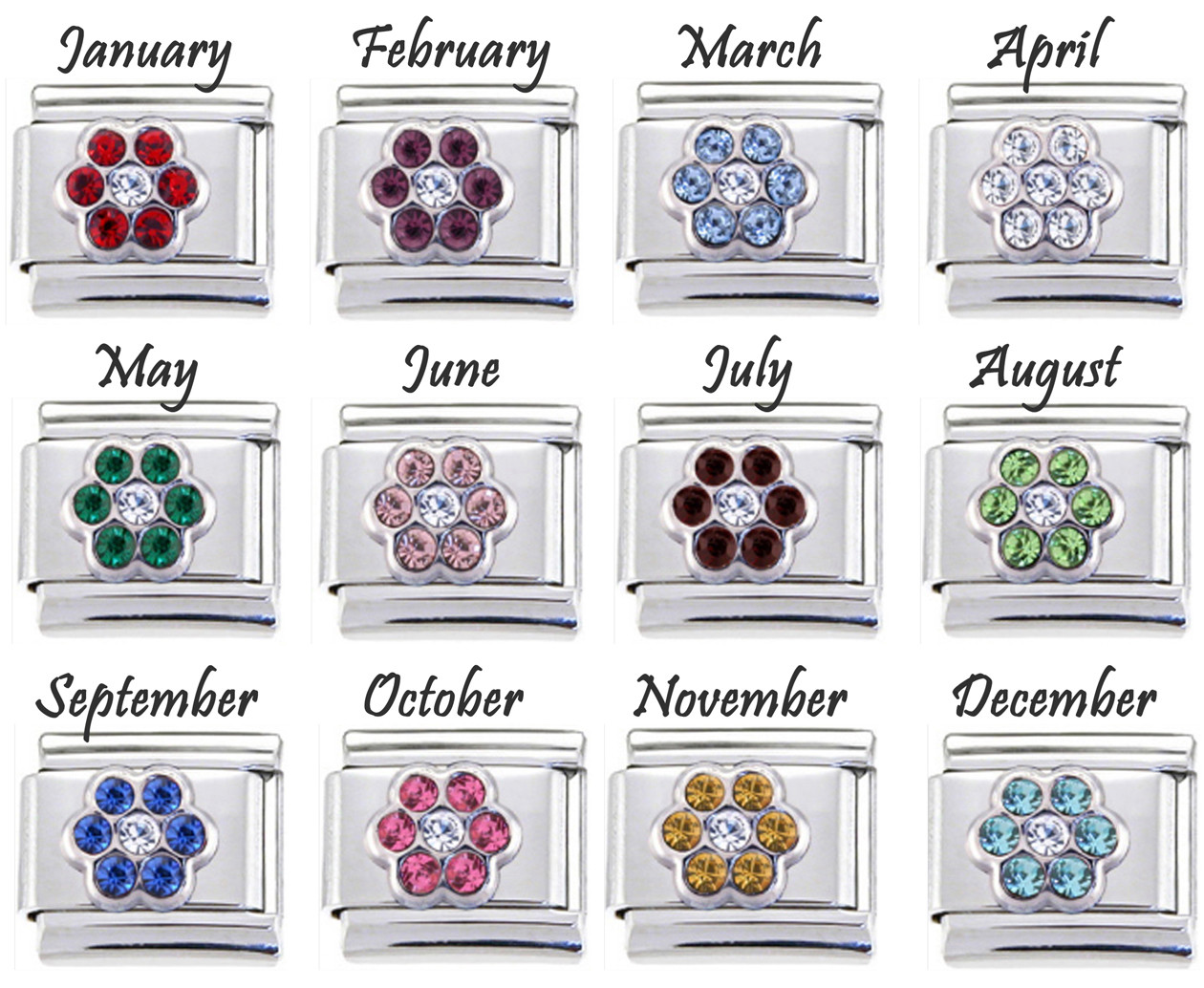 BIRTHSTONE FLOWER CZ RHINESTONES 9mm Charm x1 ITALIAN CHARM Birthday Birth Month