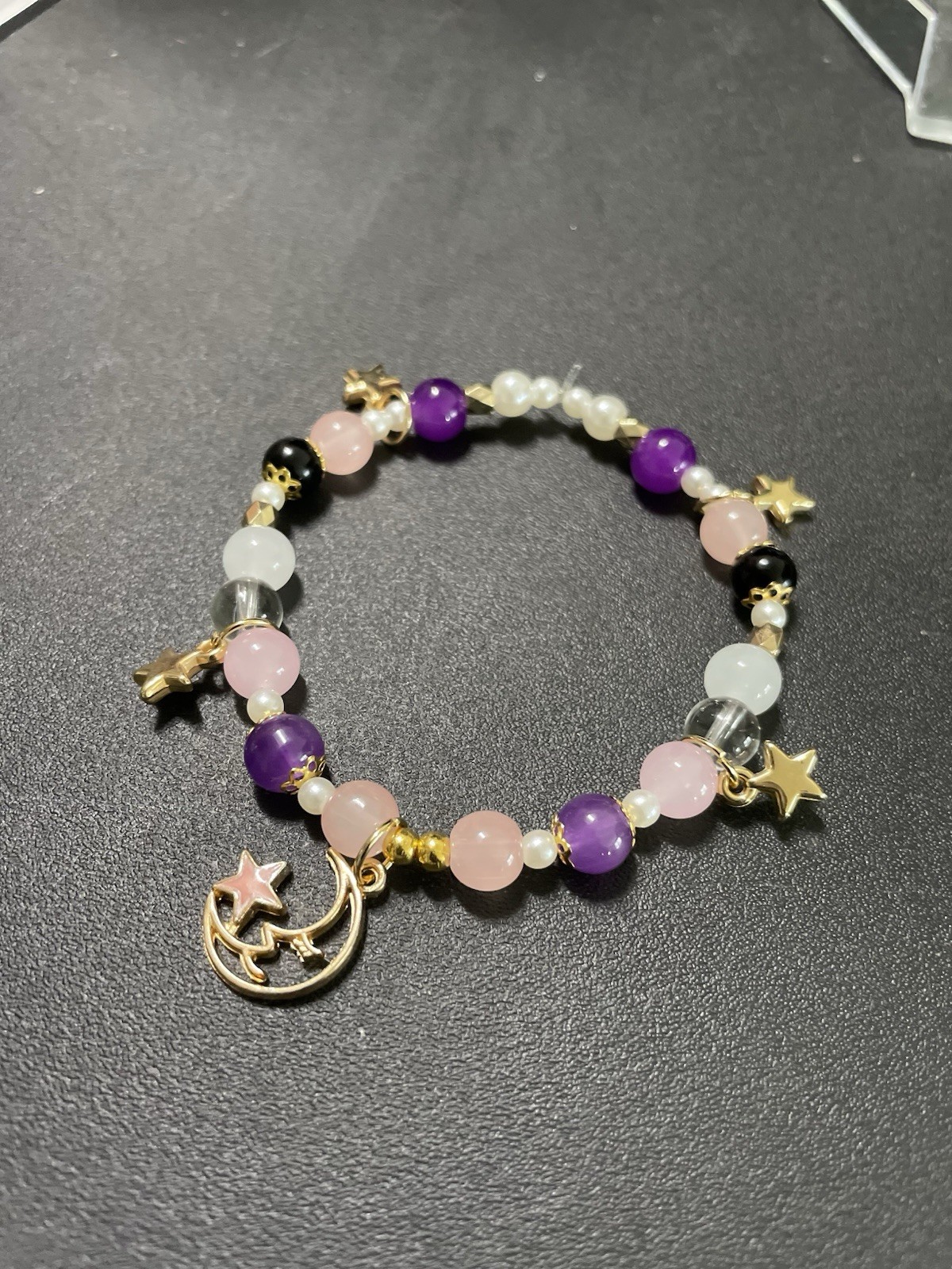Multicolor Beaded Stretch Charm Bracelet Moon & Star Dangle, Celestial