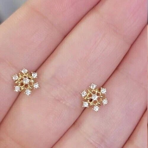 Snowflake 1Ct Round Created Diamond Dainty Stud Earrings 14K Yellow Gold Plated