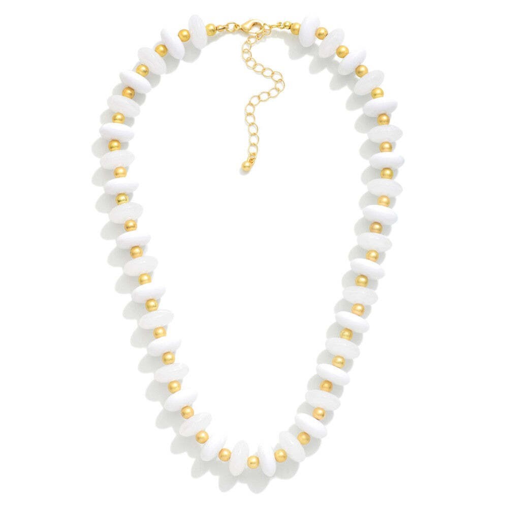 Candy Stone Beaded Necklace with Gold Ball Stations White 14″ + 3″ Extender