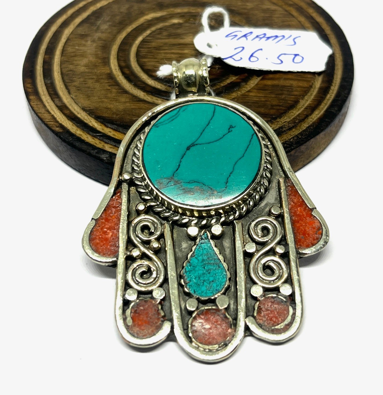 Vintage Turquoise Coral Gemstone Tibetan Buddhist Pendant Jewelry, 2.5 inch