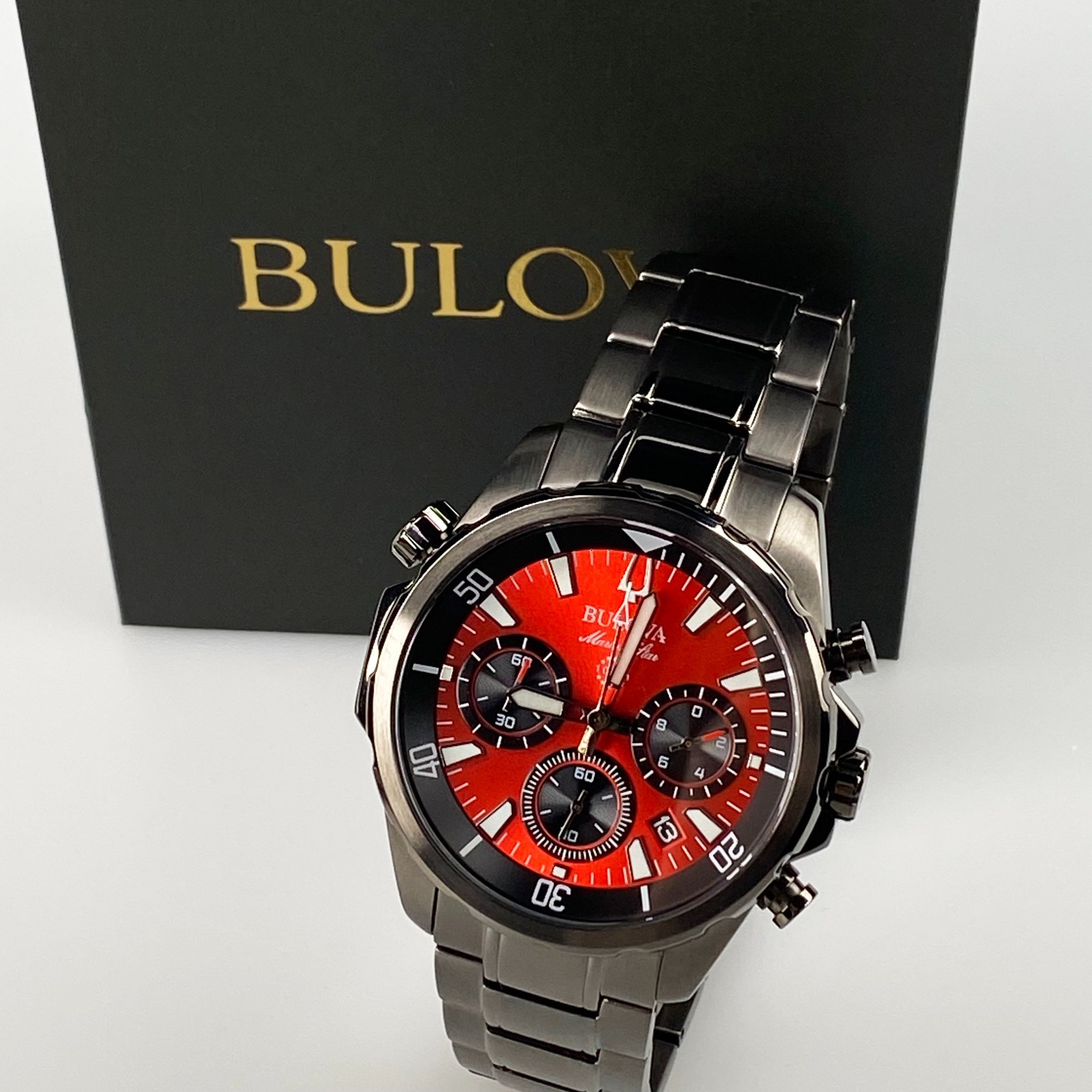 New Bulova 43 mm Marine Star Red Dial Men’s Quartz Chronograph Watch 98B350