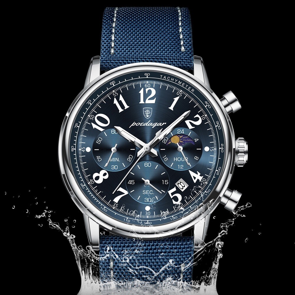 POEDAGAR Men Watch Nylon Leather Chronograph Wrist watch Waterproof Luminous