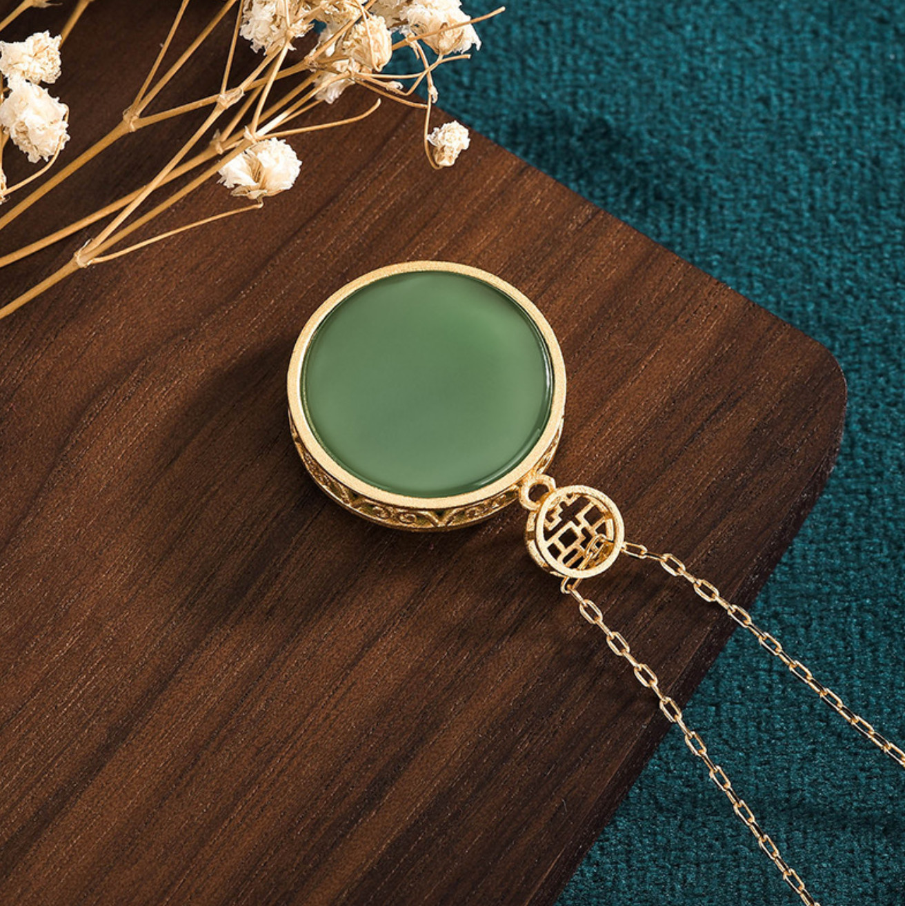 Jade Carved Flower Pendant Necklace Charm 18K Gold Plated Chain Dainty Gemstone