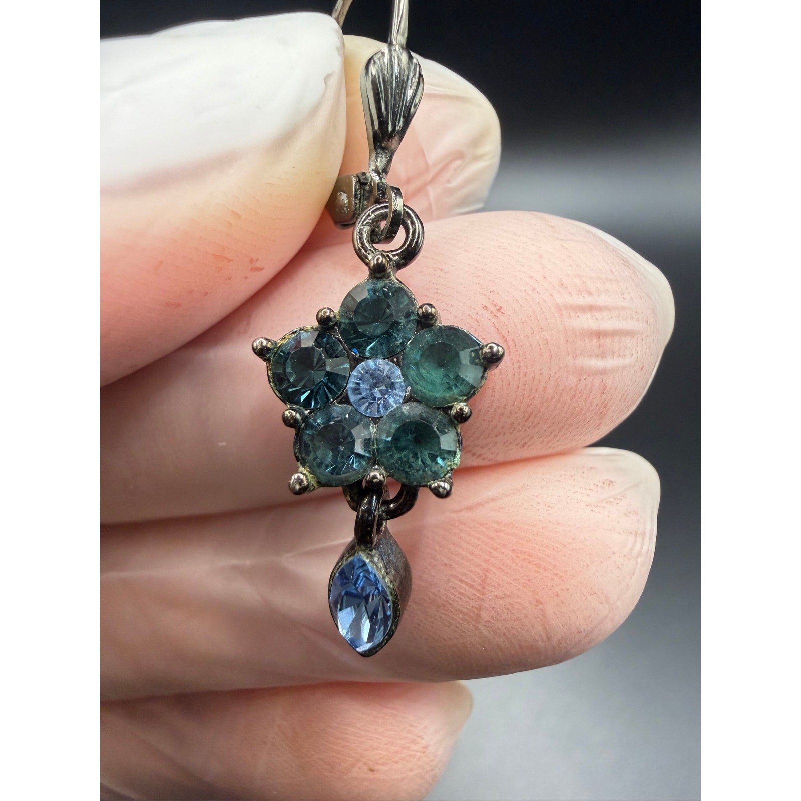 Vintage Givenchy blue rhinestone flower drop earrings dark silver-tone finish