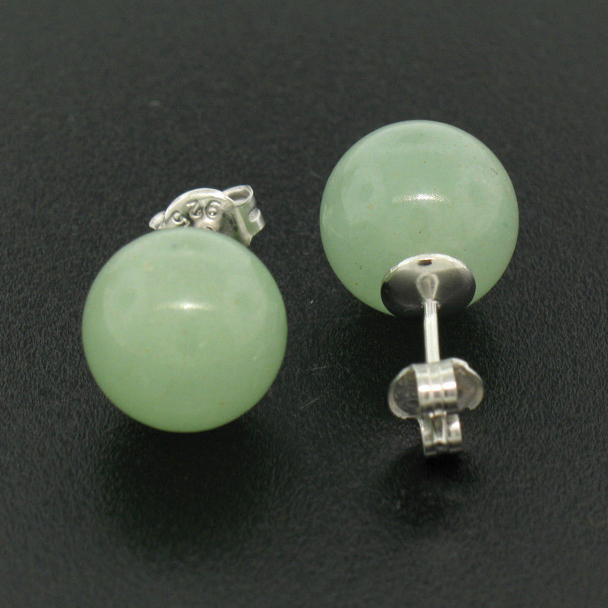 NEW Sterling Silver 10mm Green Jade Ball Stud Earrings Classic Simple Elegant