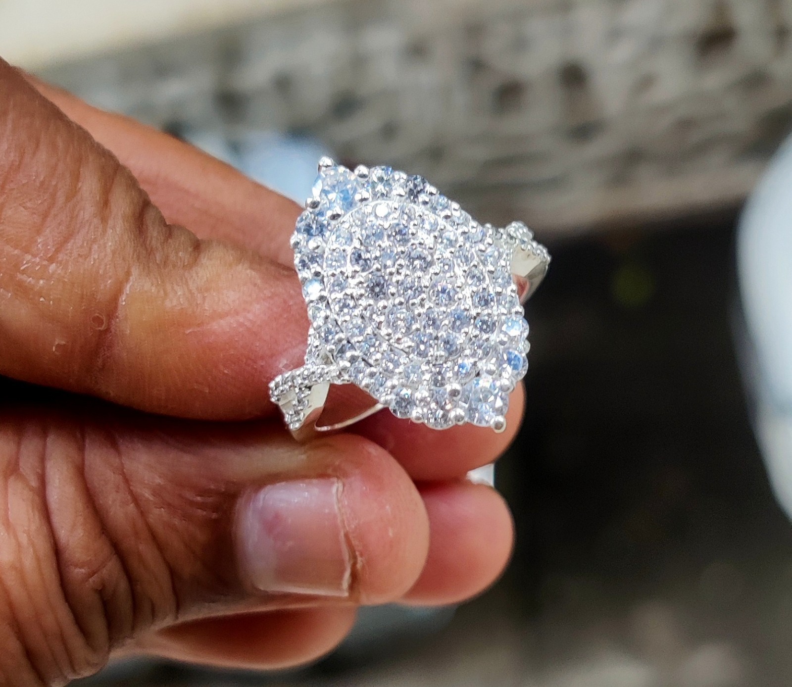 1.50Ct Oval Lab-Created Diamond Cluster Engagement Ring 14K White Gold Plated