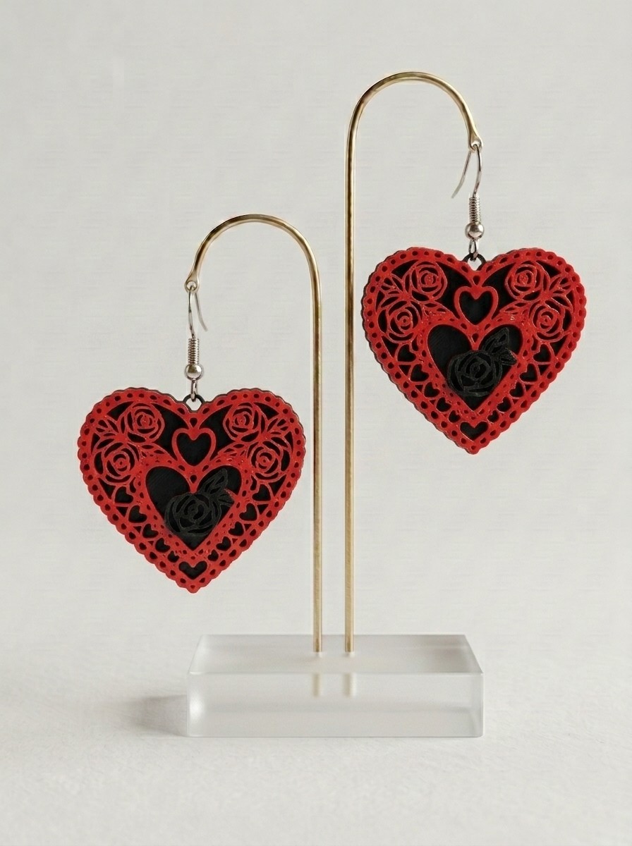 Red & Black Lace Heart Dangle Earrings – Gothic Romantic Rose Floral
