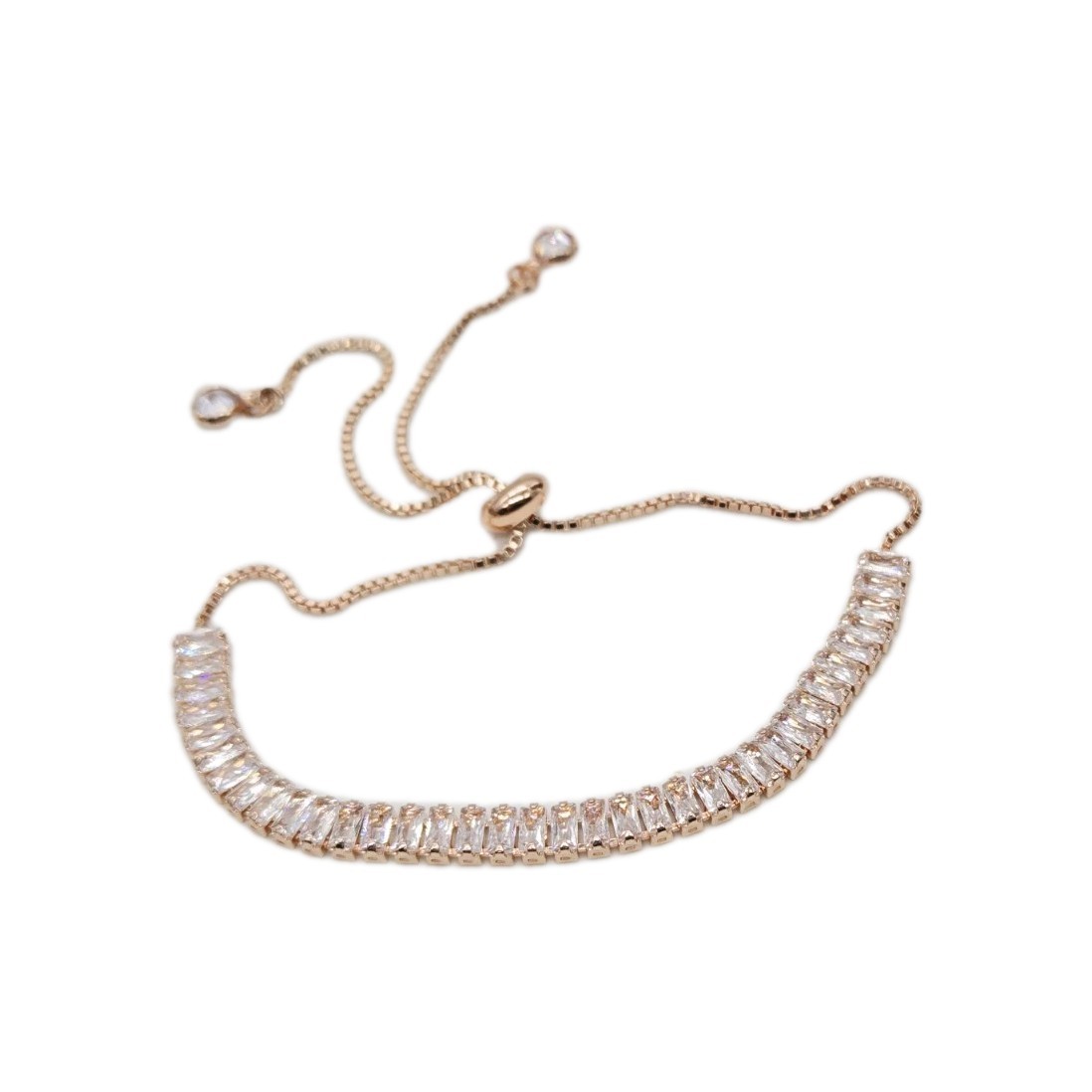 Tennis Bracelet Crystal Rhinestone Baguette Rose Gold Tone Drawstring Closure