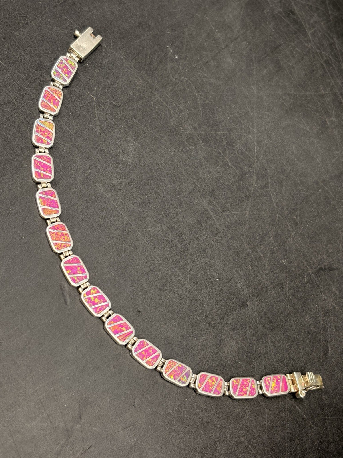 VTG 925 Sterling Silver Pink Lab Opal Inlay Geometric Link Panel Bracelet 7in