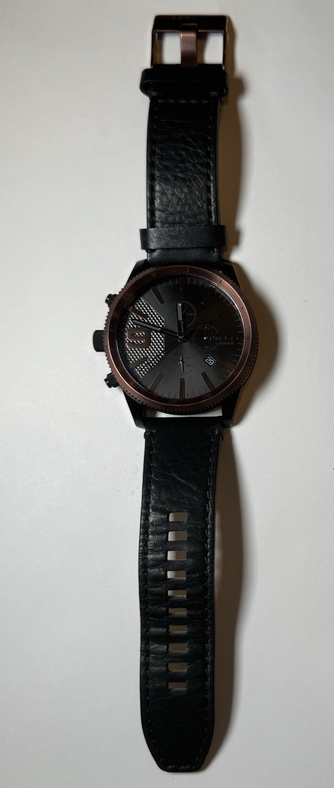 Diesel Brave Men’s Watch Quartz Analog Date Black Dial Leather Strap 51mm 5 ATM