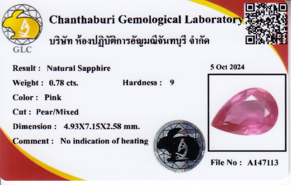 CERTIFICATE Incl.* 0.78ct Pear Unheated Pink Sapphire Gemstone, Mozambique