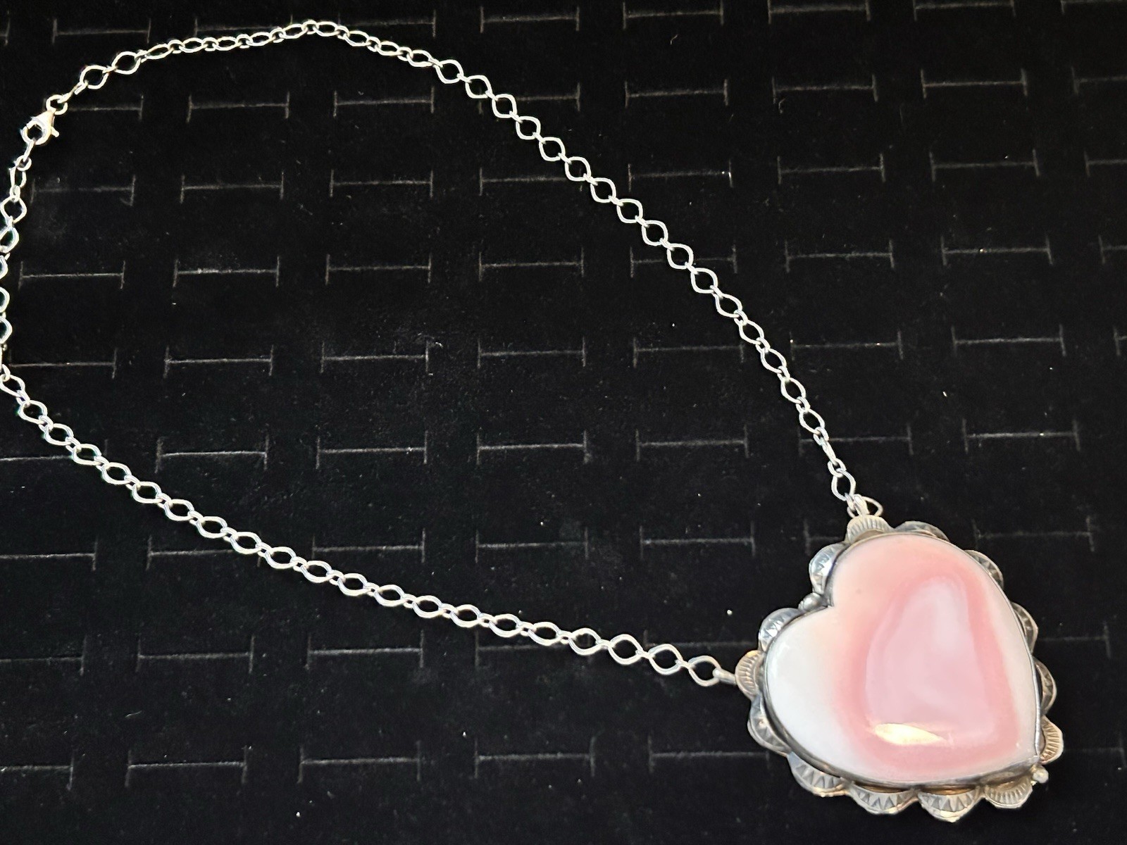 Navajo Handmade Sterling Silver & Pink Conch Heart Necklace by Artist Tia Long