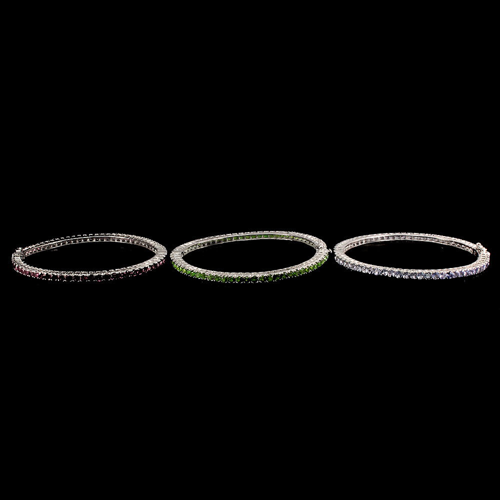 Round 2.5mm Rhodolite Chrome Diopside Tanzanite 925 Sterling Silver Bangle