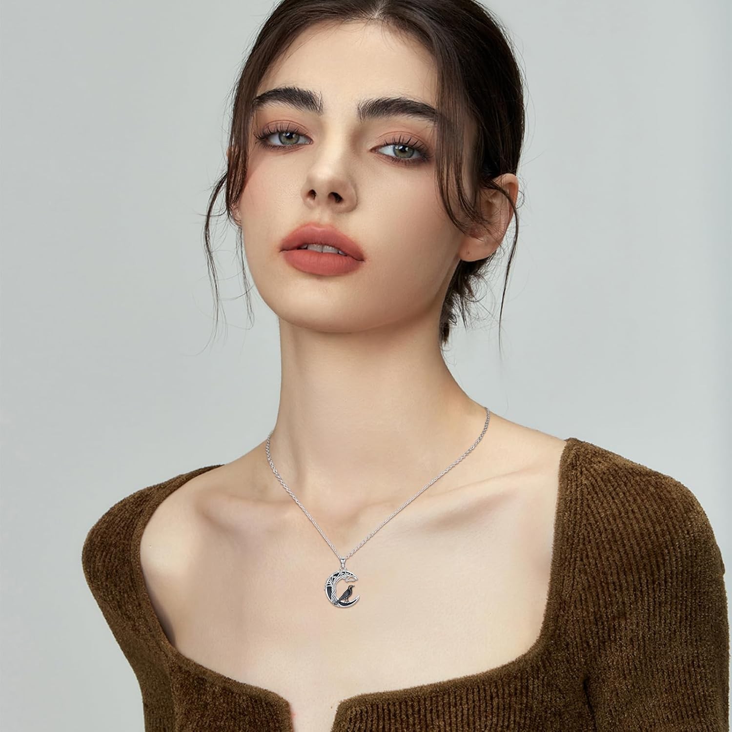 Gothic Raven Necklace for Women 925 Sterling Silver Tree of Life Moon Pendant
