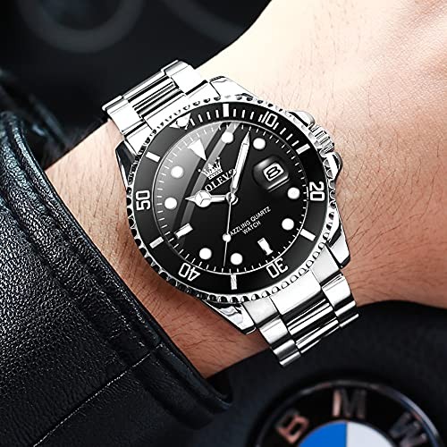 Mens Watches, Silver Dress Gold Classic Luxury Big Large 5885 steel black dial