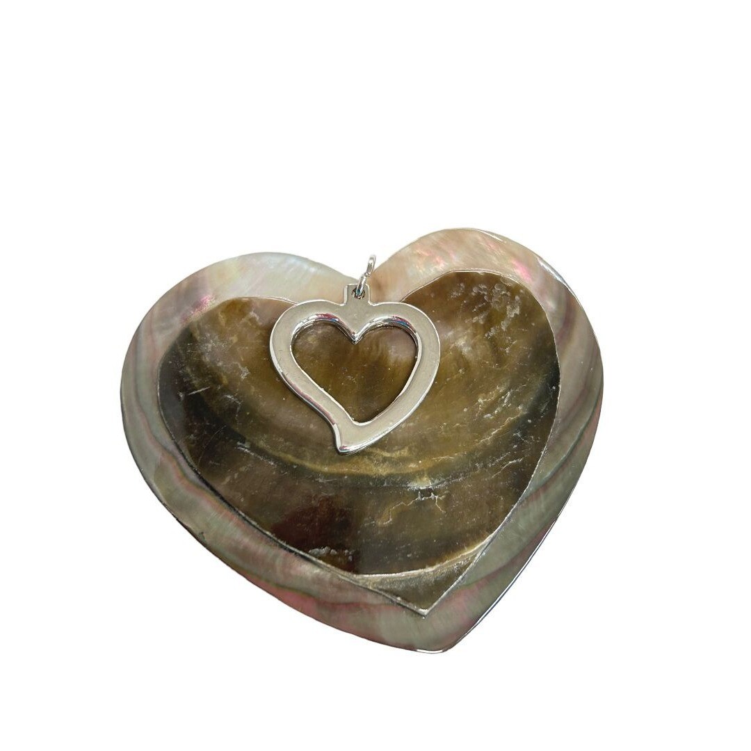 Heart Shaped Shell Silvertone Statement Pendant Brown 2.5″