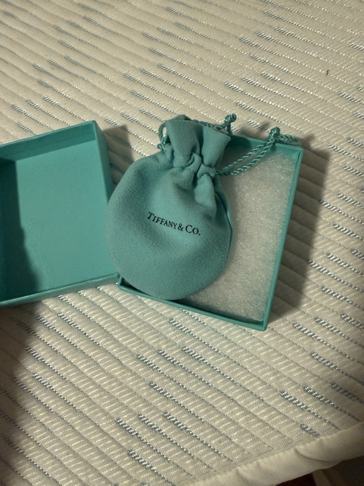 Tiffany & Co. Blue Square Jewelry Gift Box w/ White Ribbon & Jewelry Pouch
