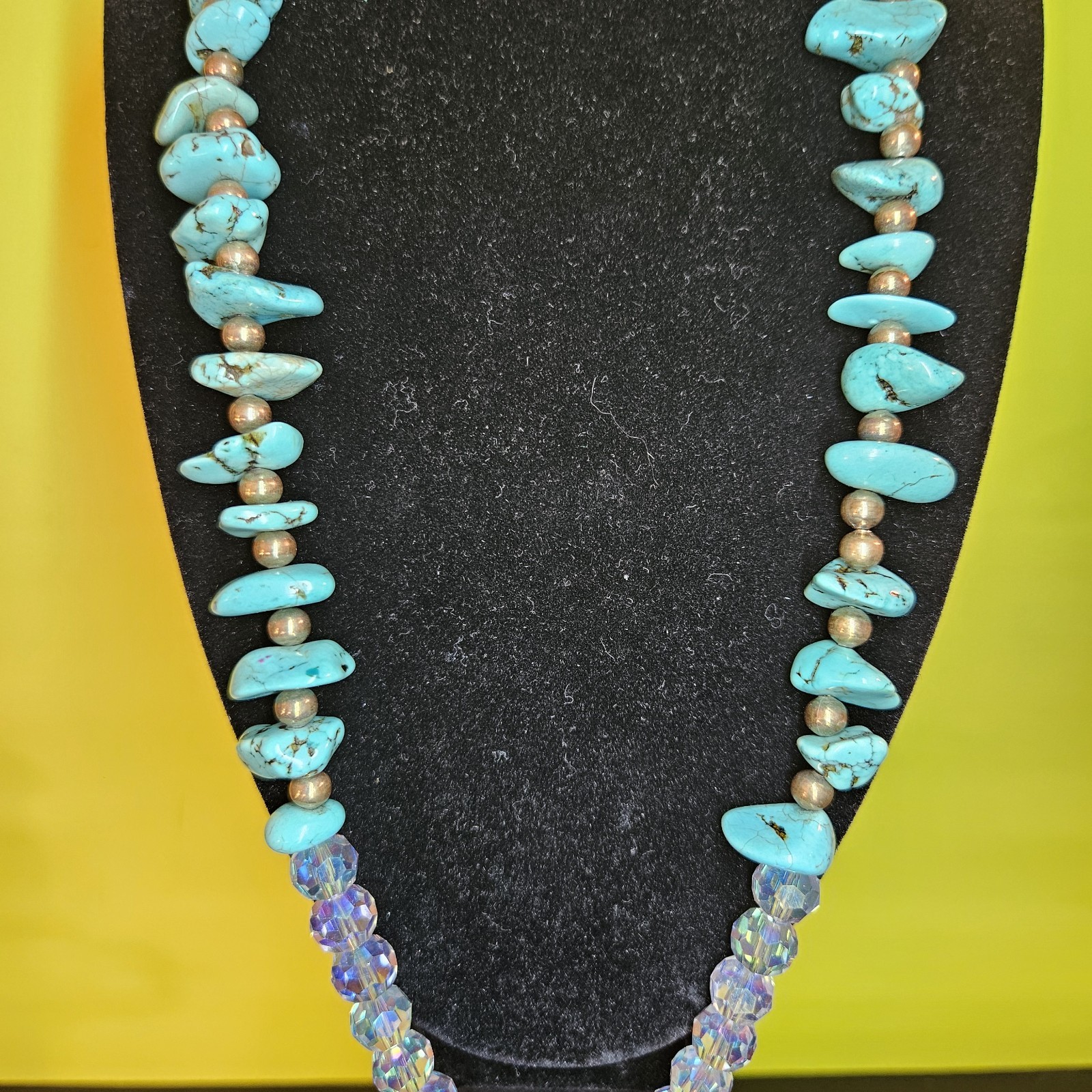 vintage beaded necklace with turquoise nuggets and glass clear iridescent beads