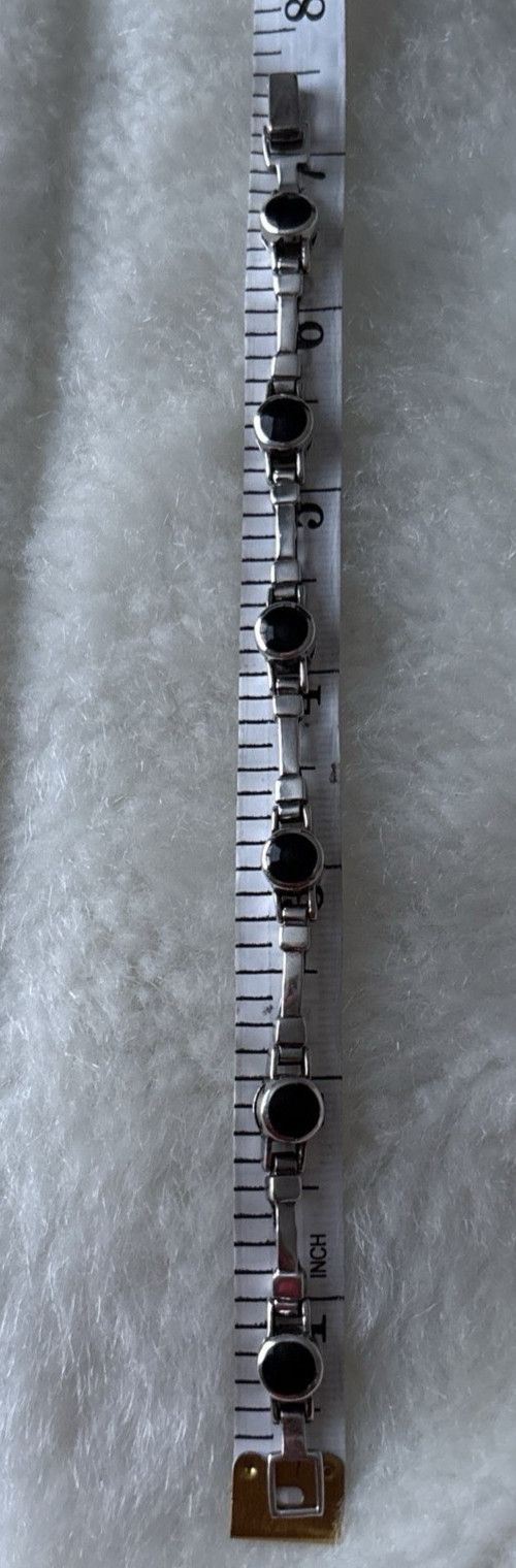 Onyx 6 Round Black, Sterling Silver 925, Bezel Link Bracelet w/Fold-Over Clasp