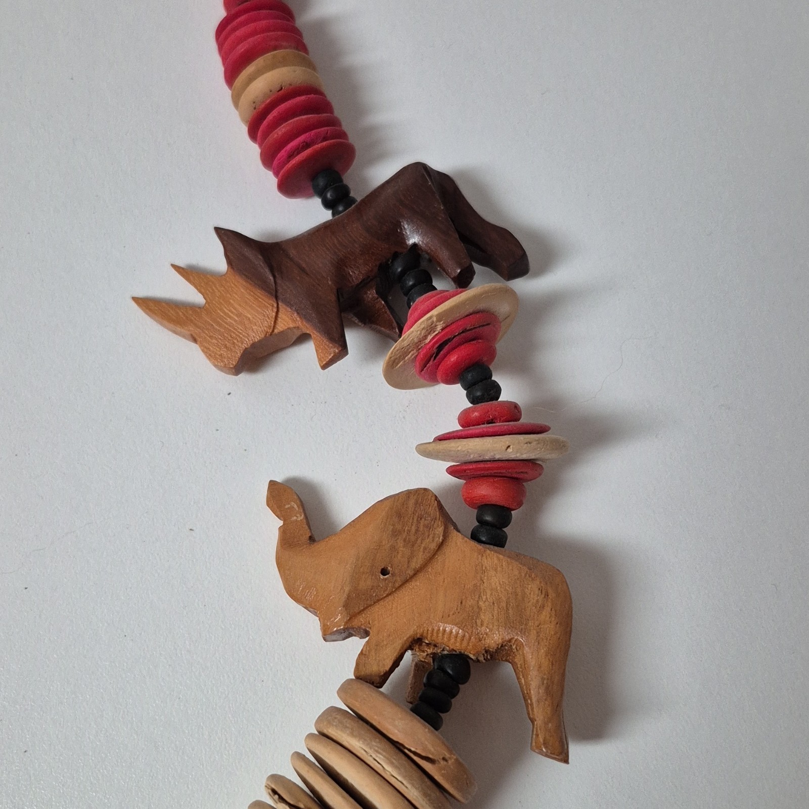 Vintage Hand Carved Wooden Safari Animal Beaded African Tribal Necklace 27 Inche