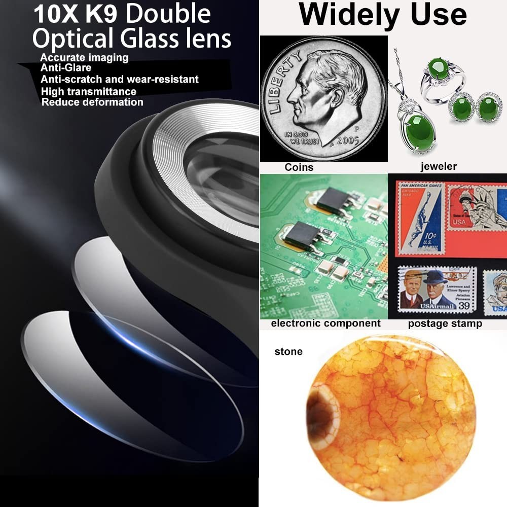 10X Handheld Jewelers Loupe Magnifier with USB Rechargeable Light & Scale, UV/LE