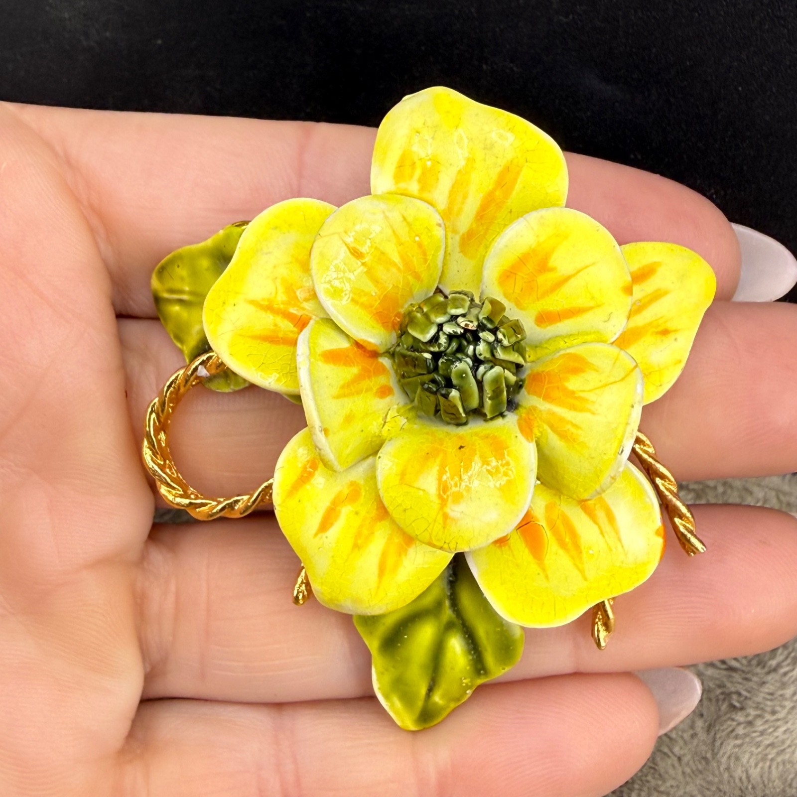 Vintage Enamel Flower Brooch Yellow Mod Pop Art