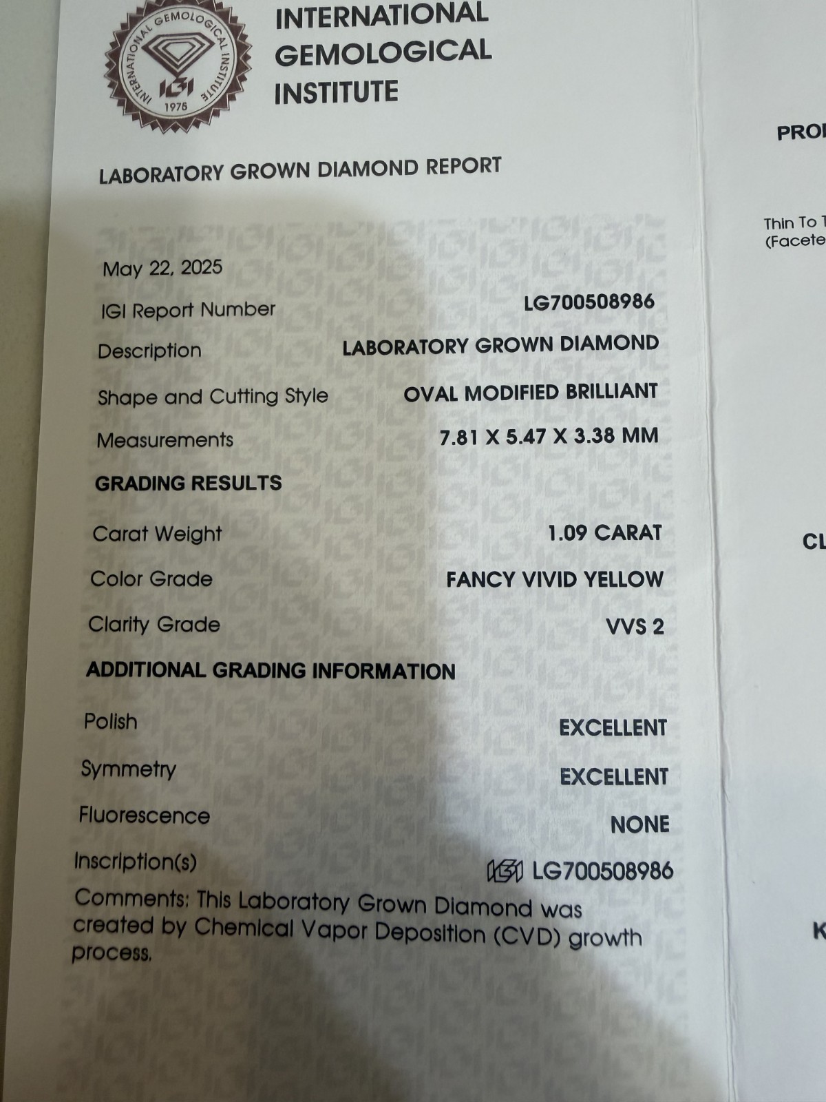 1.09 Fancy Vivid Yellow Oval Lab Grown Diamond, IGI certified